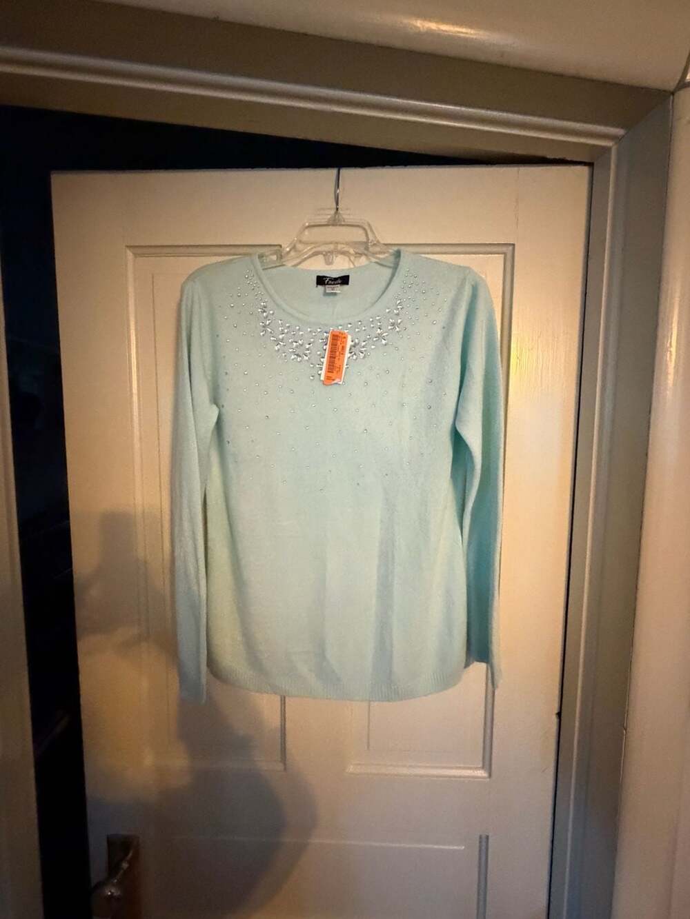 Fresh Light Blue Embellished Rhinestone Beaded Crewneck Sweater S/C